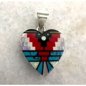 Southwestern Sterling Silver 925 Handmade Navajo Micro Gem Inlay Heart Pendant